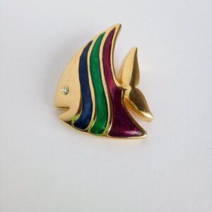 Fish Brooch Blue Green Purple Gold-tone Rhinestone Pisces Signed EB
